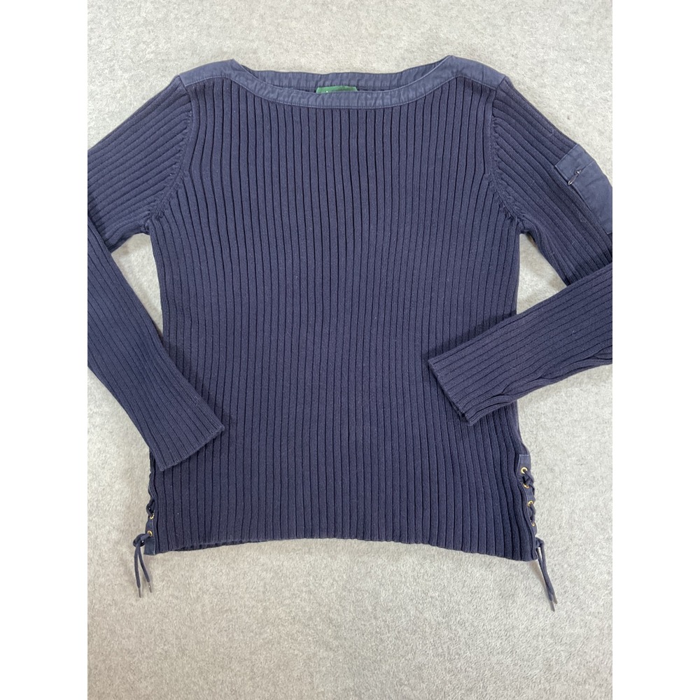 Lauren Ralph Lauren Navy Ribbed Sweater Lace Up Sides Anchor Sleeve Med 2623